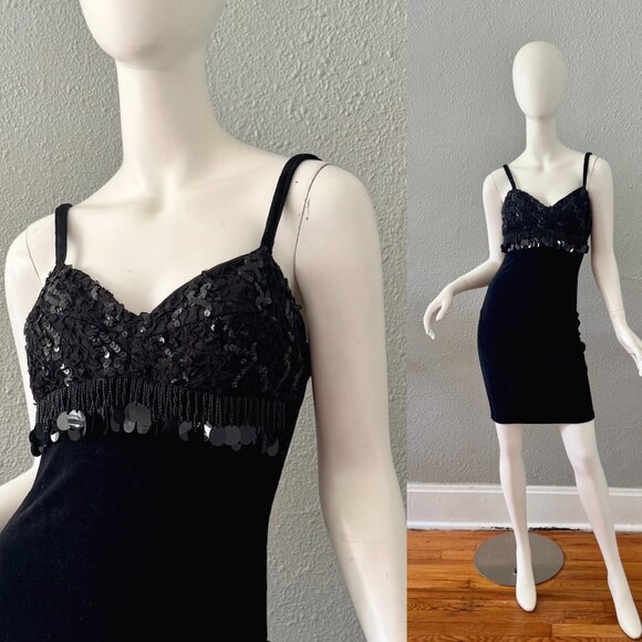 Vintage 90s Black Velour Velvet Sequin Strappy Body Con Mini Dress S - Picture 1 of 15